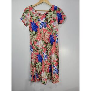 Hibiscus Collection Hawaii Womens Small Tropical‎ Floral Rayon Shift Dress Coral